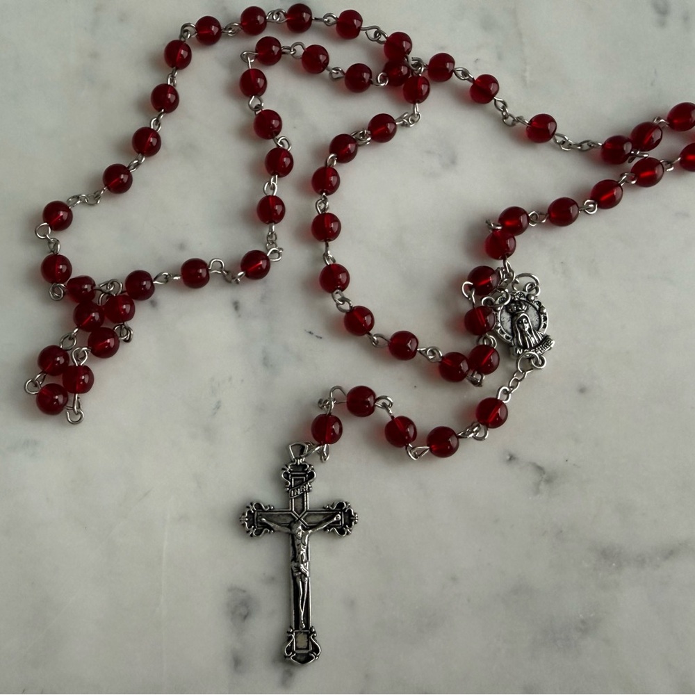 Elegant Red Beaded Rosary Necklace